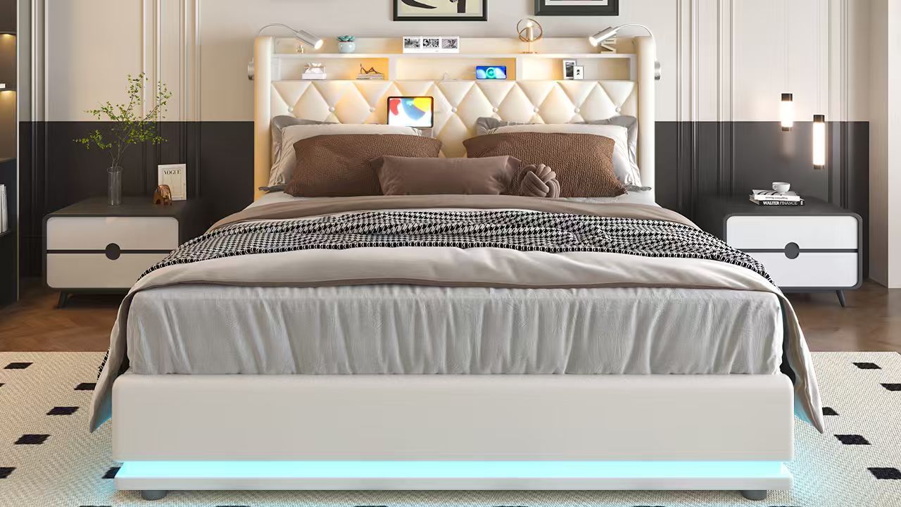 Lit Coffre 160x200 Avec Sommier à Lattes – Système Hydraulique, Tables De Chevet Intégrées, Ports USB Et éclairage – Velours Gris Et Bois Naturel - 7